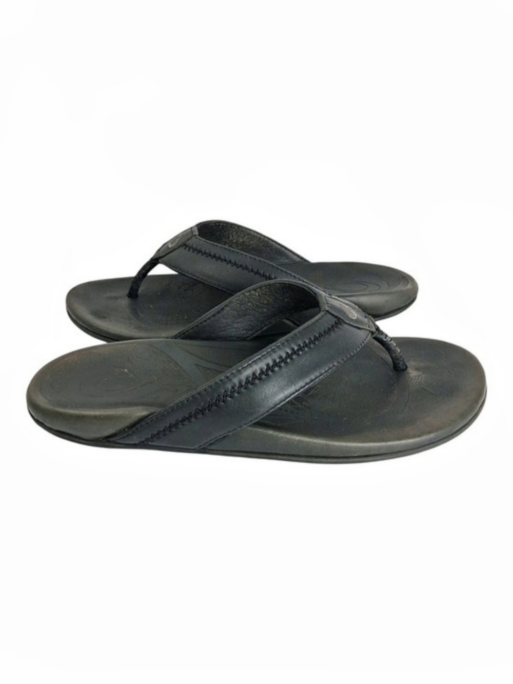 Olukai Ohana Black Leather Flip-Flop Sandals US 9